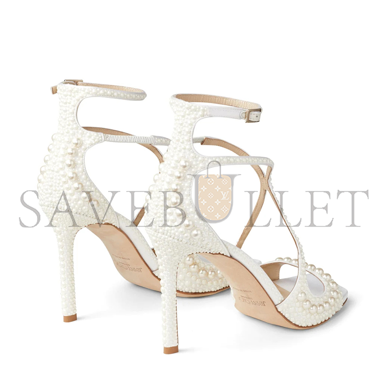 Ji*y Ch* azia 95 white satin sandals with all-over pearls azia95woz_s